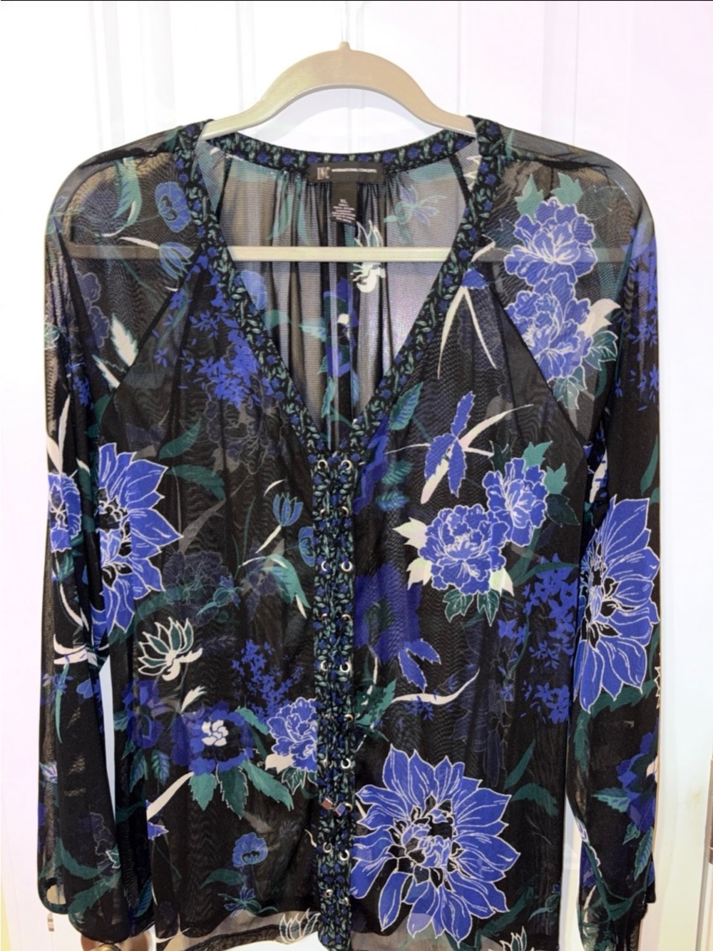 Floral Sheer V-Neck Blouse with Blue & Black Print - Picture 8 of 8
